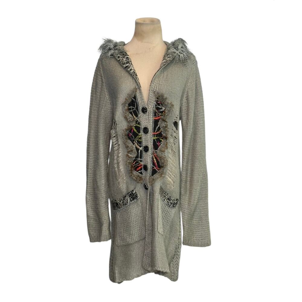 Lapis gray patchwork faux fur long cardigan sweater size XL